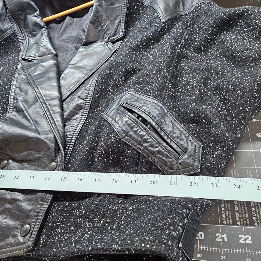Vintage 8os Bomber Jacket Womens Size 12 Black Wool Leather Punk Glam Rock Retro - Picture 8 of 11